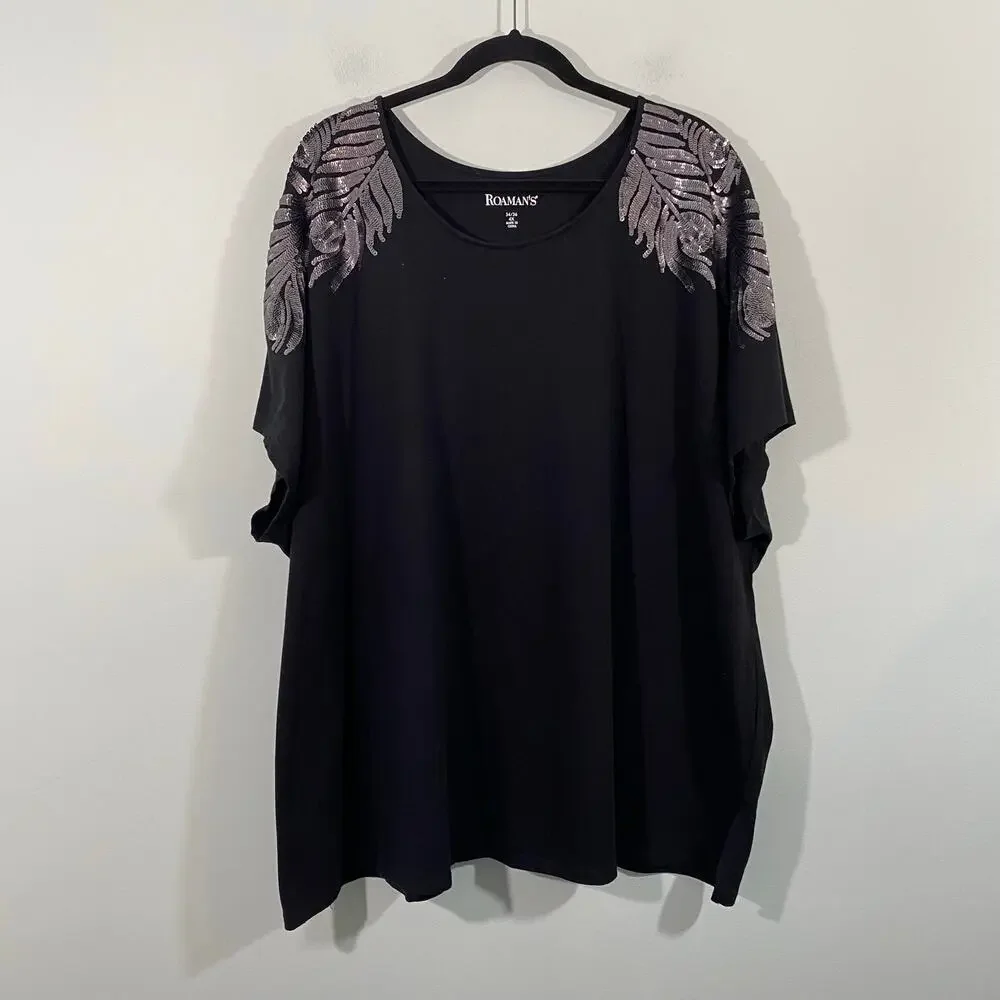 Roaman's Women Black With Silver Sequins Shoulder Accent Short Sleeve Top Sz 4X